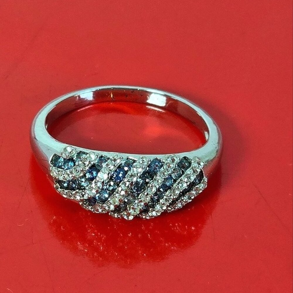 925 Sterling Silver Ring SZ 7.75 with Natural Blue Sapphire & White Topaz Gem